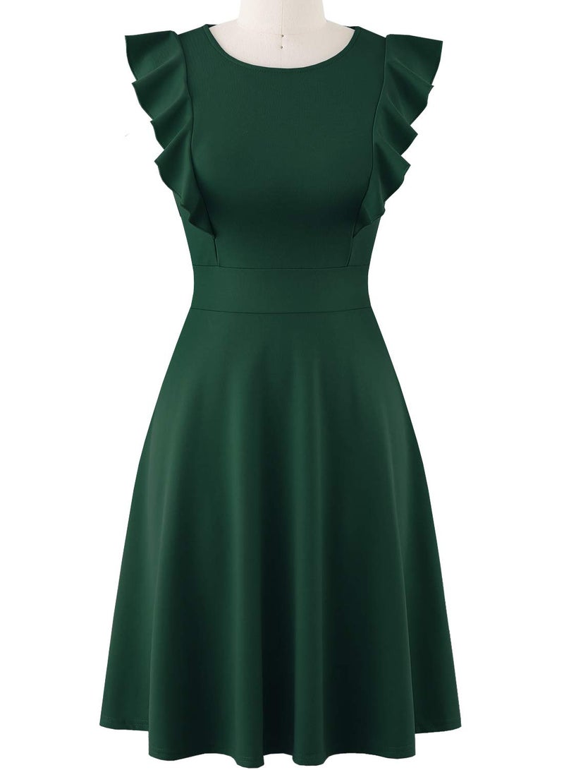 YATHON Women's Vintage Ruffle Floral Flared A Line Swing Casual Cocktail Party Dresses (XL, YT001-Dark Green) - Image 2